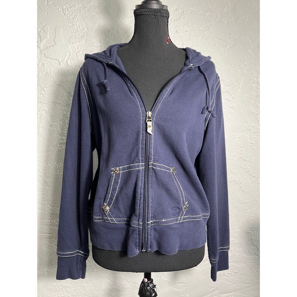 Oleg Cassini Sport Navy Zip Hoodie Jacket Medium Contrast Stitch Y2K